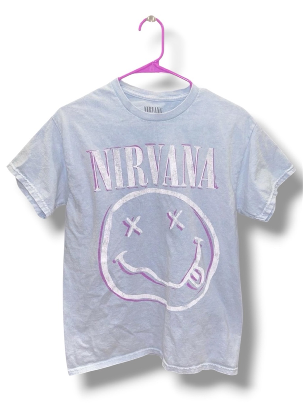 Nirvana Light Blue Distressed Women’s T-Shirt w/ Classic Smiley Logo